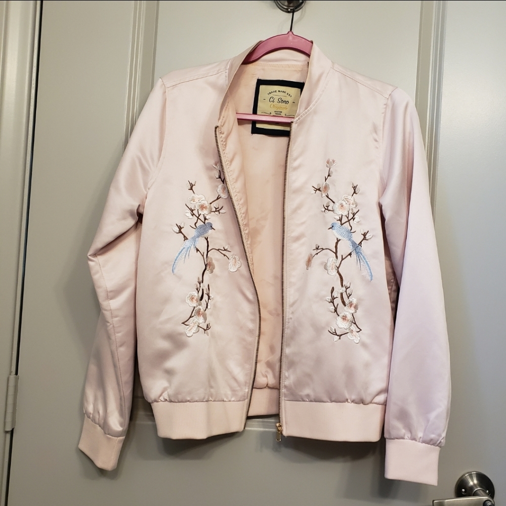 Satin Pink Bomber Jacket Cherry Blossom Embroidery